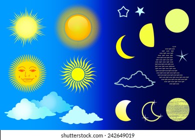 Vector illustration of moon, sun, cloud and star symbol.