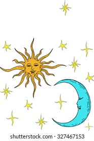 Vector illustration of Moon and Sun with faces