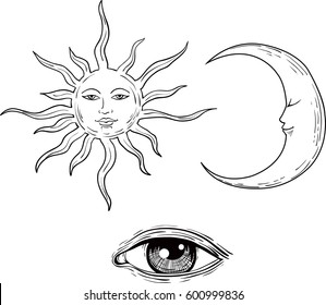 Vector illustration of Moon and Sun with faces  and all seeing eye symbol 