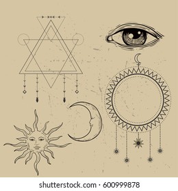 Vector illustration of Moon and Sun with faces  and all seeing eye symbol  and sacred geometry