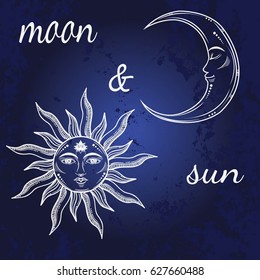 Vector illustration of Moon and Sun with faces