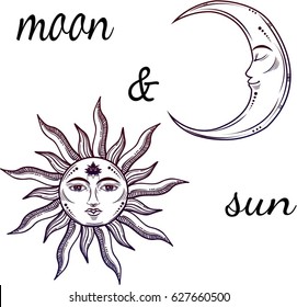 Vector illustration of Moon and Sun with faces