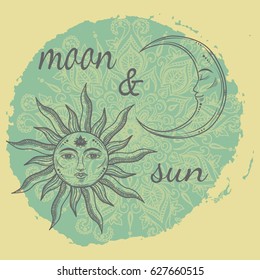 Vector illustration of Moon and Sun with faces on mandala background