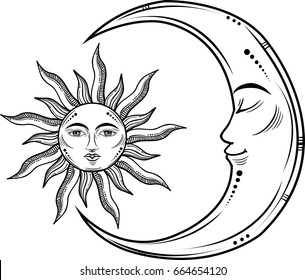 Vector Illustration Moon Sun Faces Stock Vector (Royalty Free ...