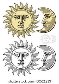 Vector Illustration Of Moon And Sun With Faces