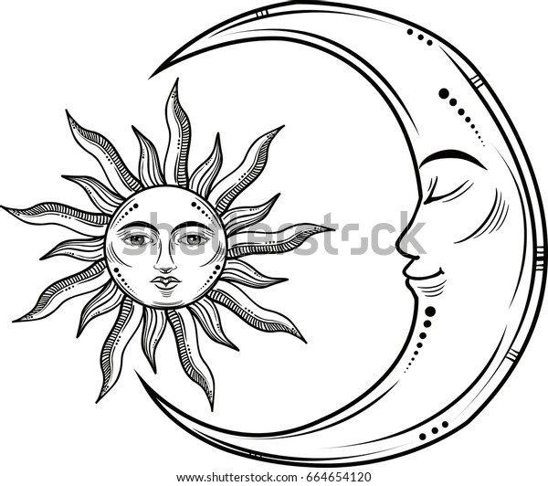 Vector Illustration Moon Sun Faces Stock Vector (Royalty Free) 664654120