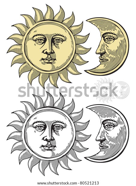 Vector Illustration Moon Sun Faces Stock Vector (Royalty Free) 80521213