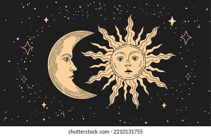 Vector illustration of the moon and the sun. Hand drawn celestial illustrations.
Design elements for decoration in modern style. magical drawings. Line drawing.