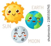 Vector illustration of the moon, sun and planet Earth in the style of kawaii for children. Isolated design elements for children. Stickers, labels, icons, infographics for children