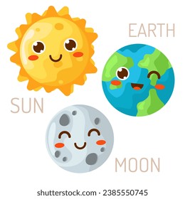 Vector illustration of the moon, sun and planet Earth in the style of kawaii for children. Isolated design elements for children. Stickers, labels, icons, infographics for children