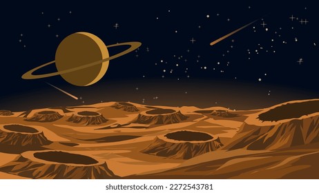 Vector illustration of moon surface with Saturn and stars