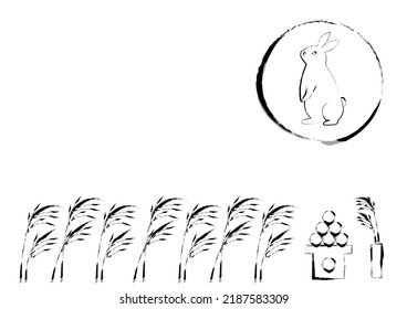 Vector illustration of moon viewing festival in Japan. Full moon, rabbit and silver grass. Frame design. 