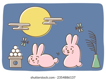 Vector illustration of moon viewing festival in Japan. Full moon and two cute rabbits. Simple hand drawn illustration.