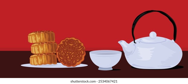 Vector illustration of a mooncake and tea for Chinese mid-autumn festival food. 