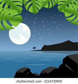Vector illustration of moonlight night at the beach