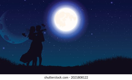 Vector illustration of Moonlight night romantic background. A couple spreading their love.
