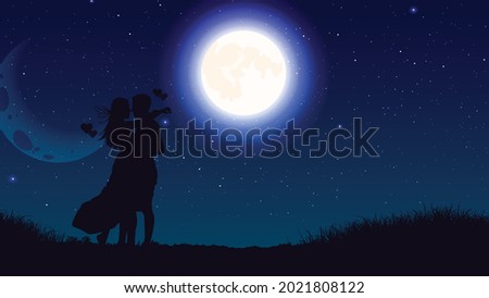 Vector illustration of Moonlight night romantic background. A couple spreading their love.