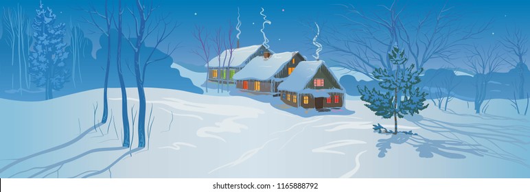 Vector illustration. Moonlit night in winter, snow-covered village, on the edge of forests