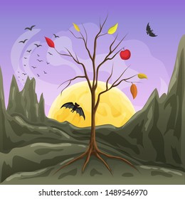 vector illustration of moonrise, bare tree silhouette and bats flying at rocky landscape in cartoon style. scary or spooky landscape with moon and tree on rock. halloween night background or wallpaper