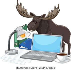 Vector illustration of a moose behind a desk with laptop, lamp, coffee, and binders