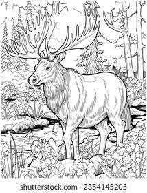 Vector illustration of Moose in the jungle coloring page