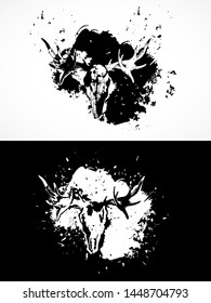 Vector illustration with moose skulls. Two variants: black and white silhouettes with grunge texture and spots. For t-shirts, posters and other your design.