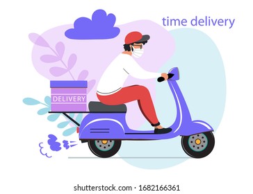 Vector illustration of a moped with delivery isolated. Online delivery on a white background. Man in a protective mask. Coronavirus concept