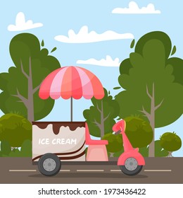 Vector illustration of a moped with ice cream on the road. For design, web, graphics. Cartoon style. Mobile shop with umbrella. flat style. Nature and park.