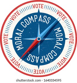 Vector Illustration Of Moral Compass On Which All Directions Lead To Voting. Concept Encouraging Citizens That Voting In Elections Is The Right Thing To Do. Take Responsibility And Vote.