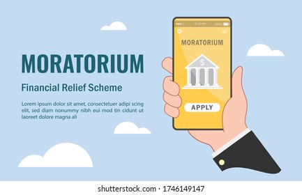 Vector Illustration Of Moratorium Application Via Smartphone Apps. Financial Relief Scheme During Covid19 Pandemic Outbreak. Cloud Computing And Financial Concept.