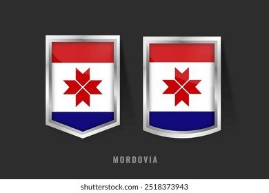 Ilustração vetorial do logotipo MORDOVIA Label. Sinal do crachá MORDOVIA MORDOVIA com bandeira, modelo de bandeiras de etiquetas de produto das Bahamas.