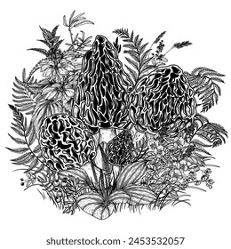 Vector illustration of moreli mushrooms surrounded by forest plants in engraving style