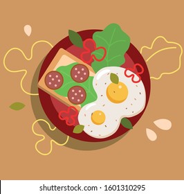 Vector illustration morning breakfast eggs meal sandwich with pepperoni sausage and salads leaf