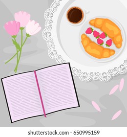 Vector illustration of morning coffee and sweets in bed with book, flowers and raspberry, croissant in flat cartoon style.