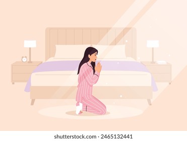 Vector illustration. In the morning the girl is on her knees, hands folded, and prays.	