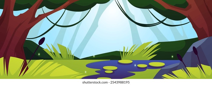 Ilustración vectorial de un paisaje matutino con un pantano mágico con vegetación brillante, árboles y cielo azul para paisajes de juego con una atmósfera de belleza natural