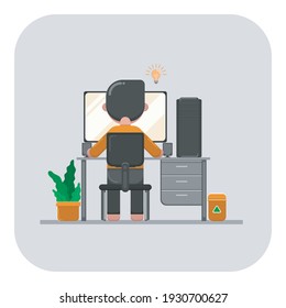 Vector Illustration of In the morning a male graphic design freelancer is working at home excitedly