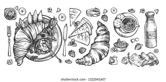 Vector illustration of morning meal set in french style. Bottle of milk, croissant along and with jam, slice of cheese, pieces of butter, fruit basket, waffles, cup of coffee. Vintage hand drawn style