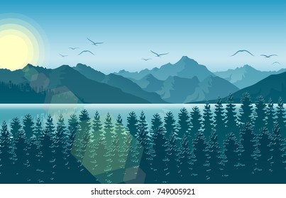 Vector illustration of Morning in mountain landscape with forest and river