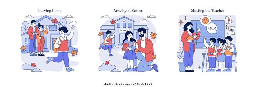 Ilustração vetorial de uma rotina escolar matinal mostrando crianças saindo de casa, chegando à escola e conhecendo seu professor. As expressões demonstram entusiasmo e engajamento.