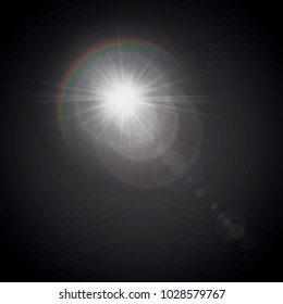 Vector illustration of a morning star with a glow effect. The effect of a flash of light. Lens flare. Rainbow light.