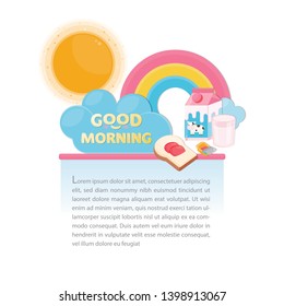 Vector illustration Morning template with breakfast menu set and sunny sky