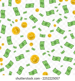 Vector illustration of Moroccan Dirham currency. Random pattern of banknotes and coins in green and gold colors on transparent background (PNG). 