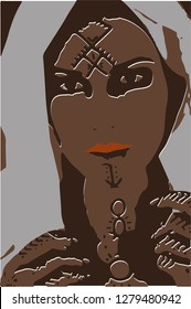 vector illustration of a moroccan tattoed face women ,berber signs, north african women.