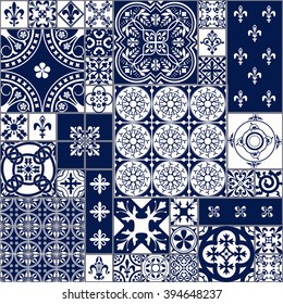 Vector Illustration of Moroccan tiles Seamless Pattern for Design, Website, Background, Banner. Spanish element for Wallpaper, Ceramic or Textile. Middle Ages Ornament Texture Template. White and Blue