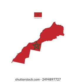 Vector illustration of morocco map overlaid with the national flag, highlighting the country's geographic outline combined with its national colors.