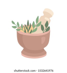 Vector illustration Mortar and Pestle with green herbs and leaves. Trendy flat object isolated on white background. Ayurveda, SPA, alternative medicine element.