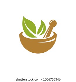 Vector illustration of mortar and pestle isolated on white. Alternative medicine concept, phytotherapy symbol. 