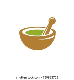 Vector illustration of mortar and pestle isolated on white. Alternative medicine concept, phytotherapy symbol. 