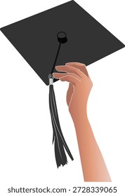 Ilustración vectorial de una placa de mortero sostenida en alto por una mano femenina después de graduarse de la universidad. 